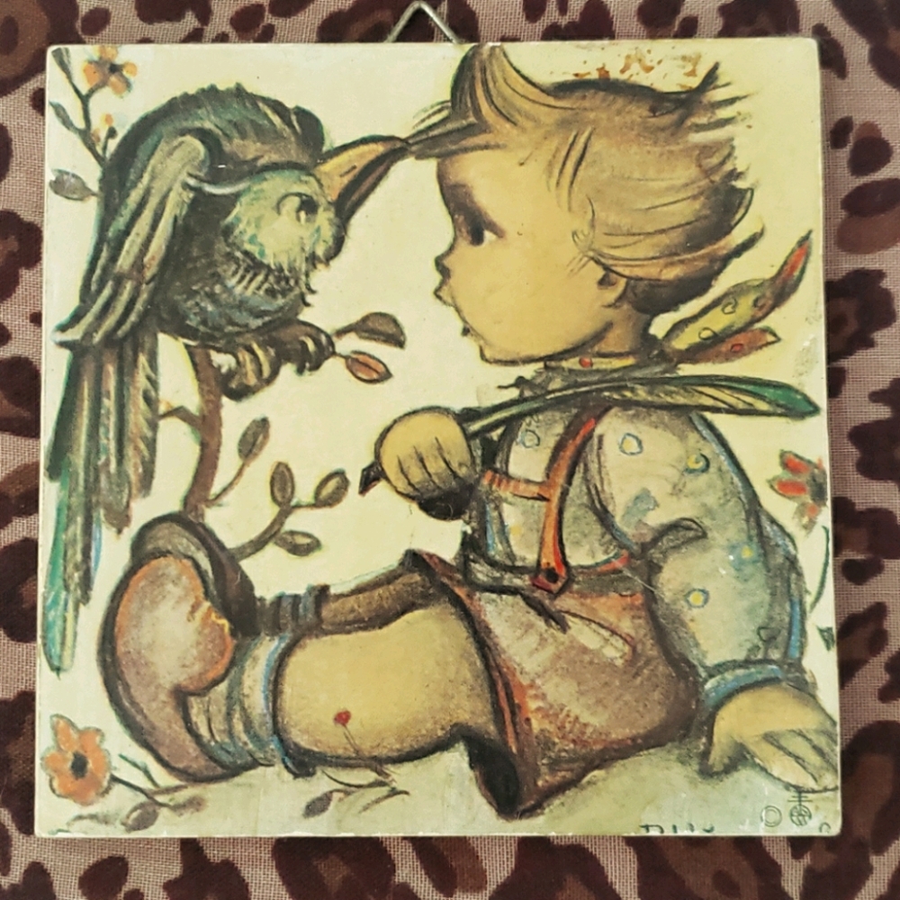 Vintage Hummel Bird Biting Boy's Hair`Wooden Picture